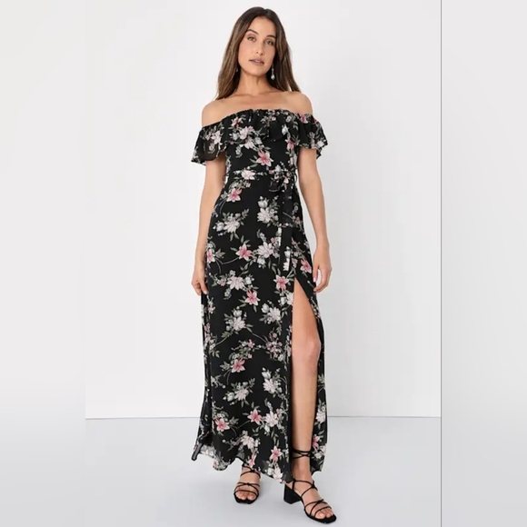 Lulus Off The Shoulder Black & Pink Floral Maxi Dress With Slit - Picture 1 of 11